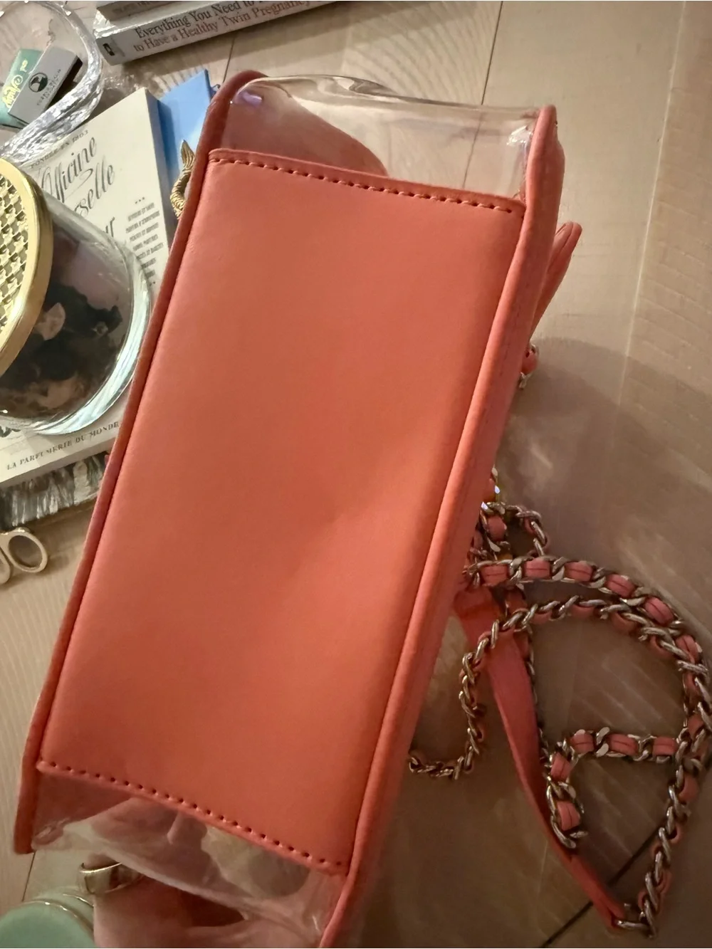 Steve Madden Coral Clear Quilted Crossbody Bag with Silver Chain